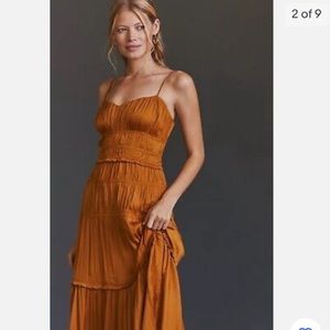 Anthropologie Ruched Gold Satin Tiered Midi Dress NWOT